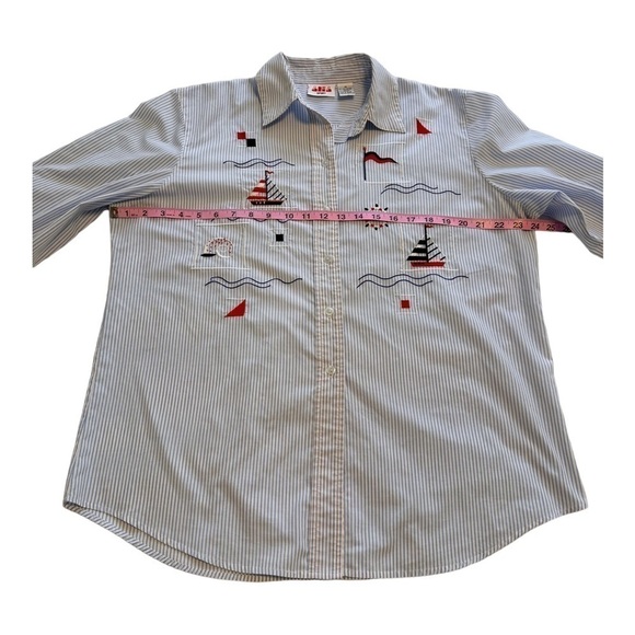 Alia Sport Nautical Boats & Stripes Vintage Button Down Blouse - Size Medium - Picture 6 of 9